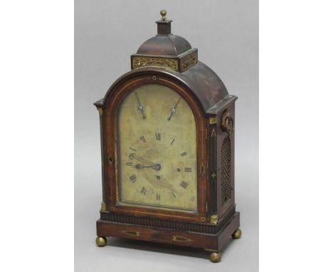 REGENCY MAHOGANY BRACKET CLOCK, the brass dial with 8" chapter ring, inscribed Thos Farr, Bristol beneath Music Silent and ch