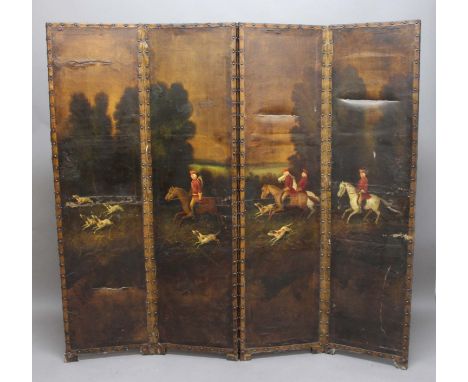 FOUR FOLD PAINTED LEATHER SCREEN, 19th century, painted with a hunting scene, studded frames, canvas backed, height 177cm, ma
