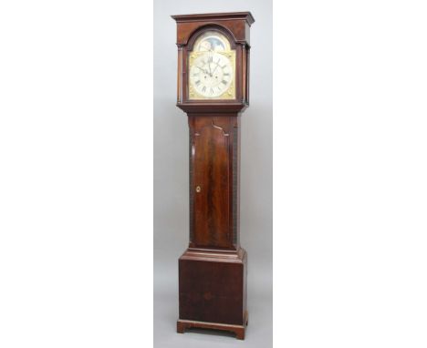 MAHOGANY LONGCASE CLOCK, the brass dial with 12" silvered chapter ring, inner date ring and masonic engraving beneath a pair 