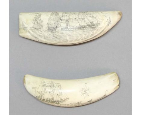 SCRIMSHAW: TWO WHALE'S TEETH, the first worked with three British war ships named Endymion, Majestic and Pomone capturing USS