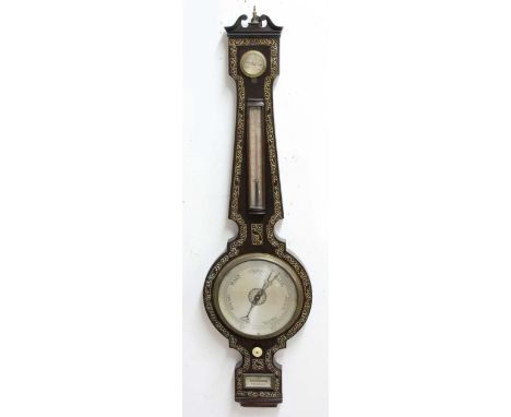 ROSEWOOD AND MOTHER OF PEARL INLAID WHEEL BAROMETER, the scrolling crest above a hygrometer, thermometer, main dial and spiri