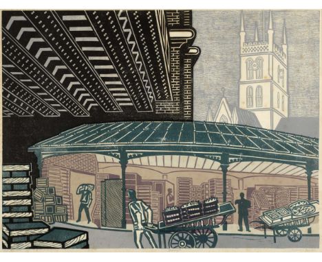 •EDWARD BAWDEN, CBE, RA (1903-1989) BOROUGH Colour lithograph from the linocut, 1967, from the `Six London Markets` set, publ