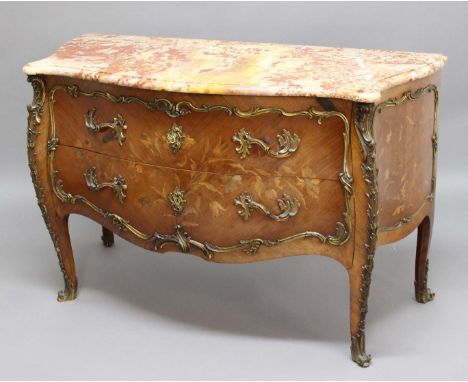 LOUIS XV STYLE KINGWOOD AND INLAID BOMBE COMMODE, the marble top above two long drawers, the whole with floral inlay and scro