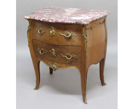 LOUIS XV STYLE BOMBE COMMODE, the pink marble top above two drawers with scrolling gilt handles and mounts, height 85cm, widt