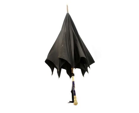 A Continental 18ct gold plated and enamel heralded umbrella, by Fox &amp; Co, early 20th century, with figural and gilt heigh