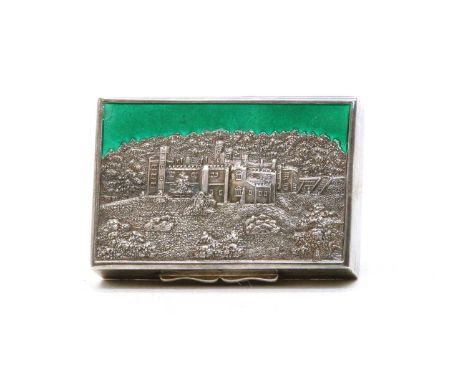 A silver and enamel castle top type snuff box, by Cohen &amp; Charles, London 1927, the lid with stately home below green ena