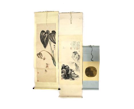 Three Chinese hanging scrolls, 20th century, one with chickens, ink and colour on paper, 143.5x46cm, one landscape, 94x42cm, 
