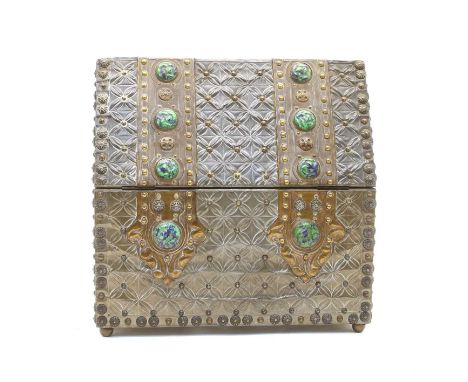 An Arts &amp; Crafts style casket, having Ruskin enamel style cabochons, 30cm wide, 14cm deep, 30cm high