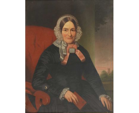 William Smith (19th century),Portrait of Mrs Eleanor Lovell, half-length, seated, wearing black with a lace mob cap and pink 