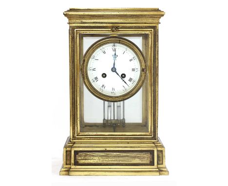 A French ormolu mantel clock, 19th century, the white enamel dial with Roman and Arabic numerals, the movement with a mercuri