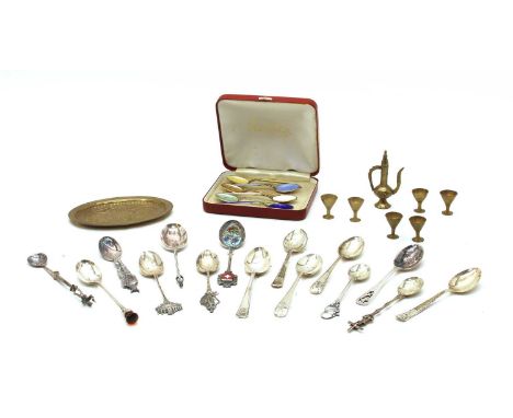 A set of enamelled teaspoons, by Turner & Simpson, Birmingham, 1960, together with a quantity of further silver and silver pl