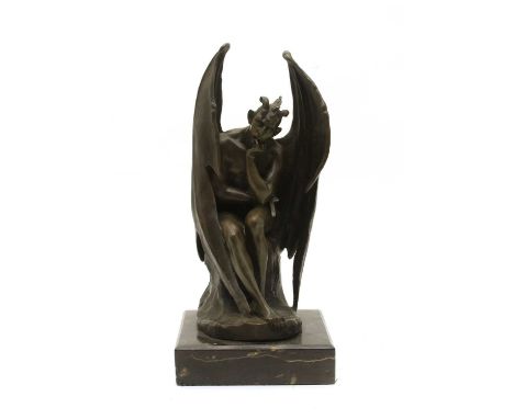 A bronze figure depicting the Devil in thoughtful pose, raised on black marble square base, 33cm highCondition report: minor 