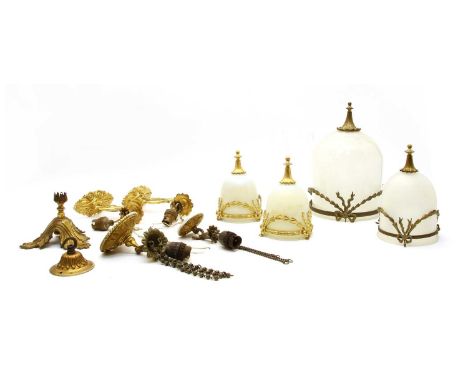 An opaque glass and gilt metal hanging light shade, 20th century, with garland detail, 30cm high, and three further smaller e