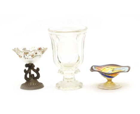 An Austrian glass beaker, with etched architectural reserve, 13.5cm high, together with a Continental white metal and satin g