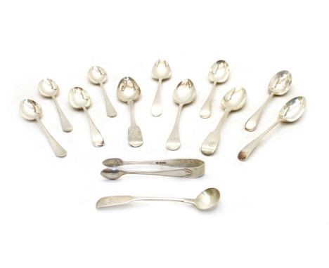 A collection of silver items, to including a set of four Old English pattern silver teaspoons, four others, a pair of sugar t