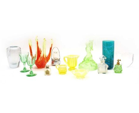 A collection of glass items, to include a Baccarat Mitsouko Guerlain scent bottle, 12cm high, a Mdina sleeve vase, 20cm high,