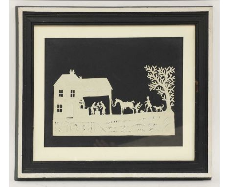An American paper cut-out,late 19th century, depicting a team of blacksmiths shoeing a horse,13 x 24cmCondition report: Some 