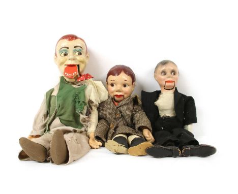 Three Charlie McCarthy dolls, tallest; 58cm high, Charlie McCarthy was the best known puppet used by ventriloquist Edgar Berg