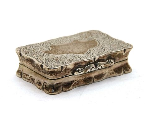 A sterling silver snuff box, by Joseph Gloster Ltd, of shaped oblong form with hand engraved scroll pattern and vacant cartou