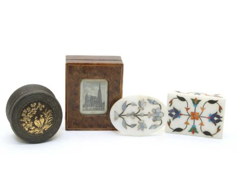 A 19th century tortoiseshell patch box of circular form, with gilt metal pictorial detail to cover, 7cm diameter, together wi