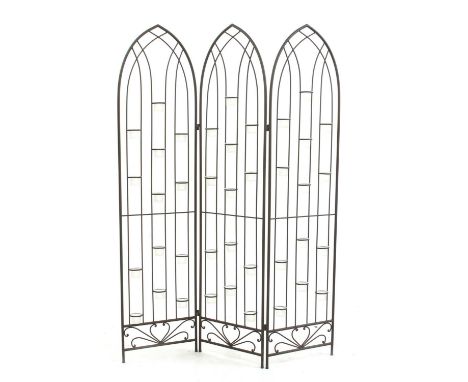 An iron three-fold screen, the arched panels with decorative ironwork, and each with thirteen tea-light sconcesCondition repo