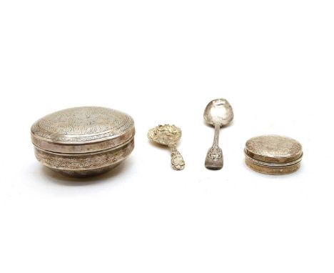 Silver items, comprising: an Egyptian silver pot, with engraved decoration, Egyptian mark for 0.900 standard 1906 to 1946, fo