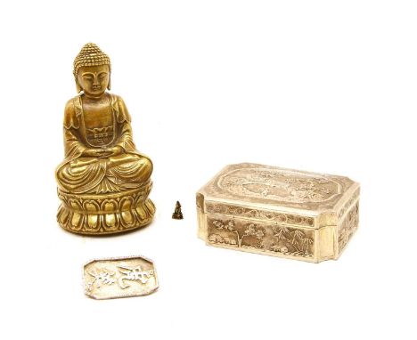 A Japanese silver box, early 20th century, of rectangular form with canted corners, decorated with landscape cartouche to lid