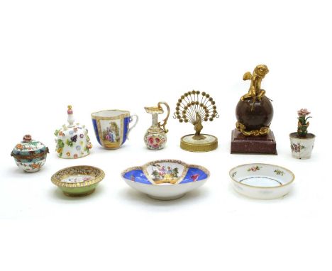 A small mixed lot of ceramics and glass, to include a lobed cup and saucer, with figural decoration, marked AR to base, 9cm h
