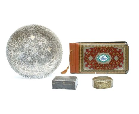 A white metal inlaid pewter box, 19th century, with floral and foliate decoration, 12cm wide, a niello decorated example, a S
