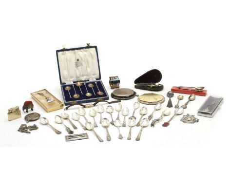 A collection of silver,  to include a cased set of six silver and enamel coffee spoons, maker HCD, Birmingham 1960, the back 