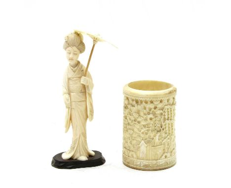 A Japanese ivory Geisha, c. 1900 and a Japanese carved ivory spill vase, 19th century, 15cm and 9cm highCondition report: Gei