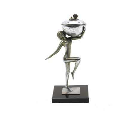 An Art Deco style chrome table lighter, modelled as a lady holding a globe, 18cm highCondition report: Spotting to the lady a