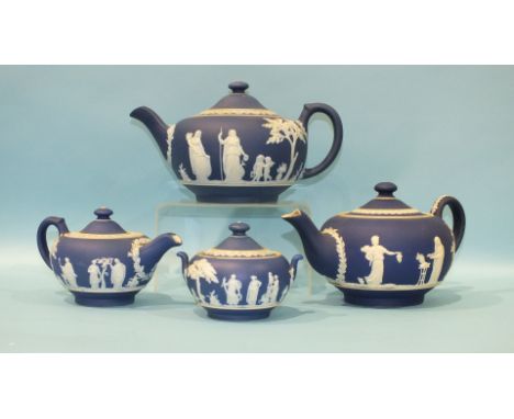 Three Wedgwood jasperware teapots and covers, largest 14cm high, and a similar sucrier and cover, (slight damages).