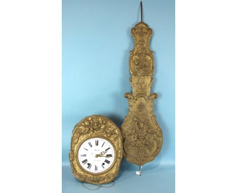 A 19th century French wall mounted clock, the pressed brass face with circular enamel dial signed Martin A Villedieu, the twi