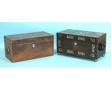 A Regency rosewood and mother of pearl inlaid tea caddy of rectangular form, with wood carrying handles, the lid enclosing a 