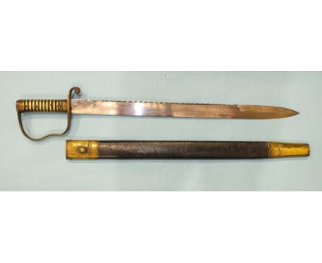 A British Pioneer sword with brass hilt and saw backed blade, 57cm, marked with crown over B21 and stamped Mole, in brass mou