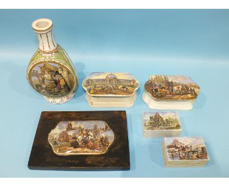 A 19th century Prattware flask for 'Soyers Relish', (restored), 19.5cm high, four box bases and five printed covers, (some da