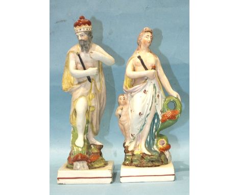 A pair of 19th century Staffordshire pearlware square-based figures of Neptune, 24cm high and Amphitrite, 22cm high, (enamel 