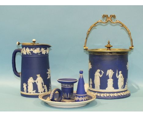 A Wedgwood jasperware biscuit barrel, 14.5cm with plated mounts and lid, a similar jug, 16.5cm with pewter lid and a chamber 
