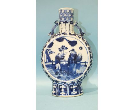 A 19th century Chinese blue and white moon flask decorated with figures in garden settings, Kang Hsi marks to base, rim chip 