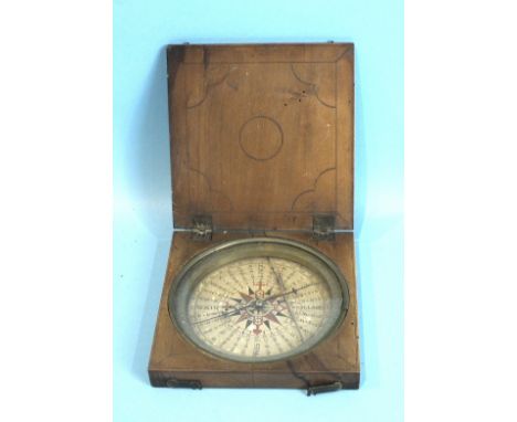 An 18th century nautical compass, the painted paper dial and brass outer ring within a decorated wood box, 15cm square.