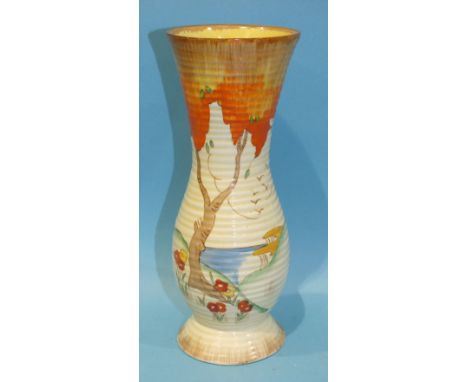 A Clarice Cliff ribbed vase, shape no. 719, decorated with the 'Taormina' pattern, (orange), printed facsimile signature and 