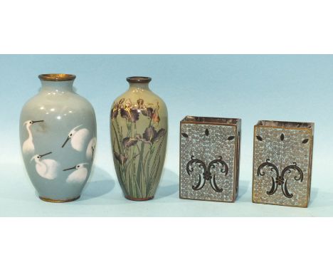 An early 20th century Japanese cloisonné enamel baluster vase of small size decorated with cranes, 9cm high, another cloisonn