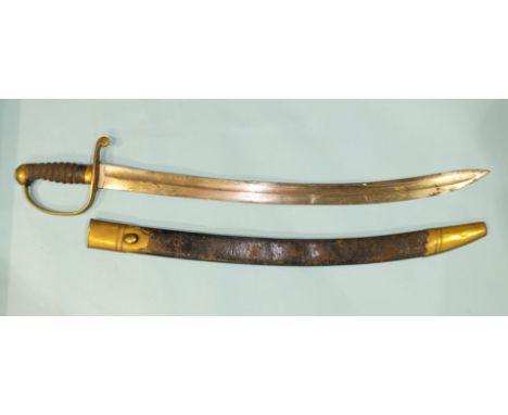 A brass stirrup hilted short sabre with fish-skin grip and 61cm slightly curved blade in brass mounted leather scabbard.