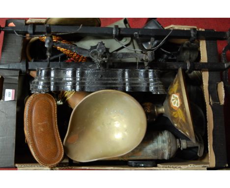 A box of miscellaneous items to include a pair of Karl Zeiss Jenna binoculars, iron scales and weights pricket candlesticks e