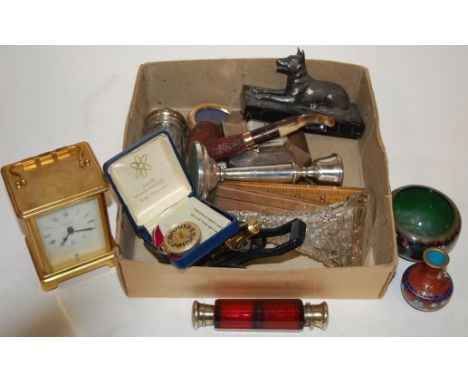 A small collection of miscellaneous items to include; brass cased carriage clock, cloisonné vase, gents open faced pocket wat