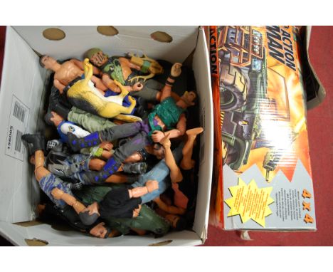 A box of assorted loose Action Man figures together with Action Man 4x4 vehicle