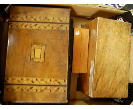 A 19th  century walnut tea caddy of plain rectangular form together with a Victorian walnut Tunbridge ware unfitted box and a