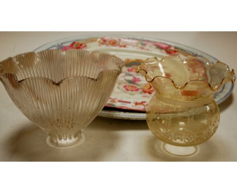 A large Victorian transfer decorated meat plate together with one other smaller example and two glass light shades (4)