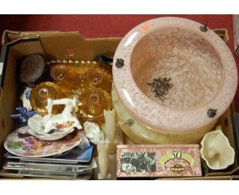 A box of miscellaneous china and glassware to include two early 20th century glass ceiling light shades, Art Deco style dress